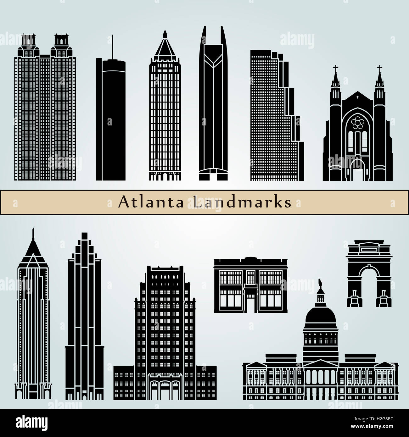 Atlanta monumenti e luoghi di interesse isolato su sfondo blu modificabile nel file vettoriale Foto Stock