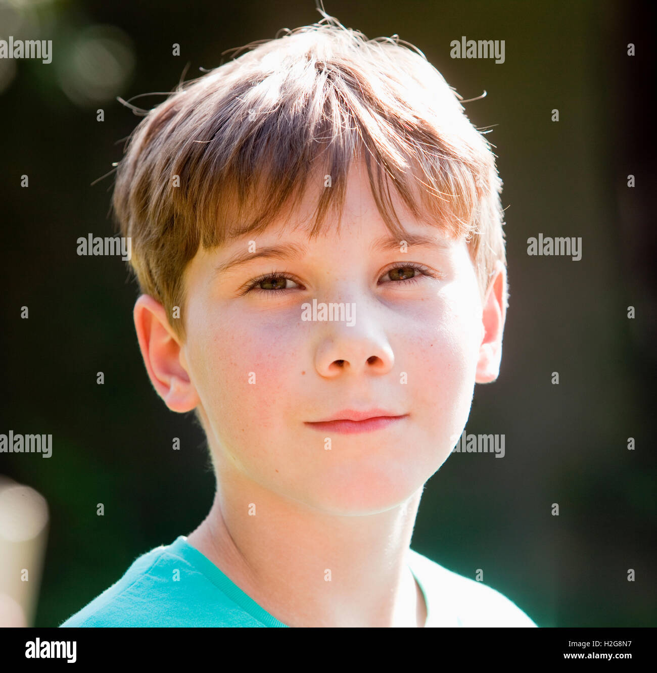 Ritratto di un ragazzo con capelli castani all'aperto Foto Stock