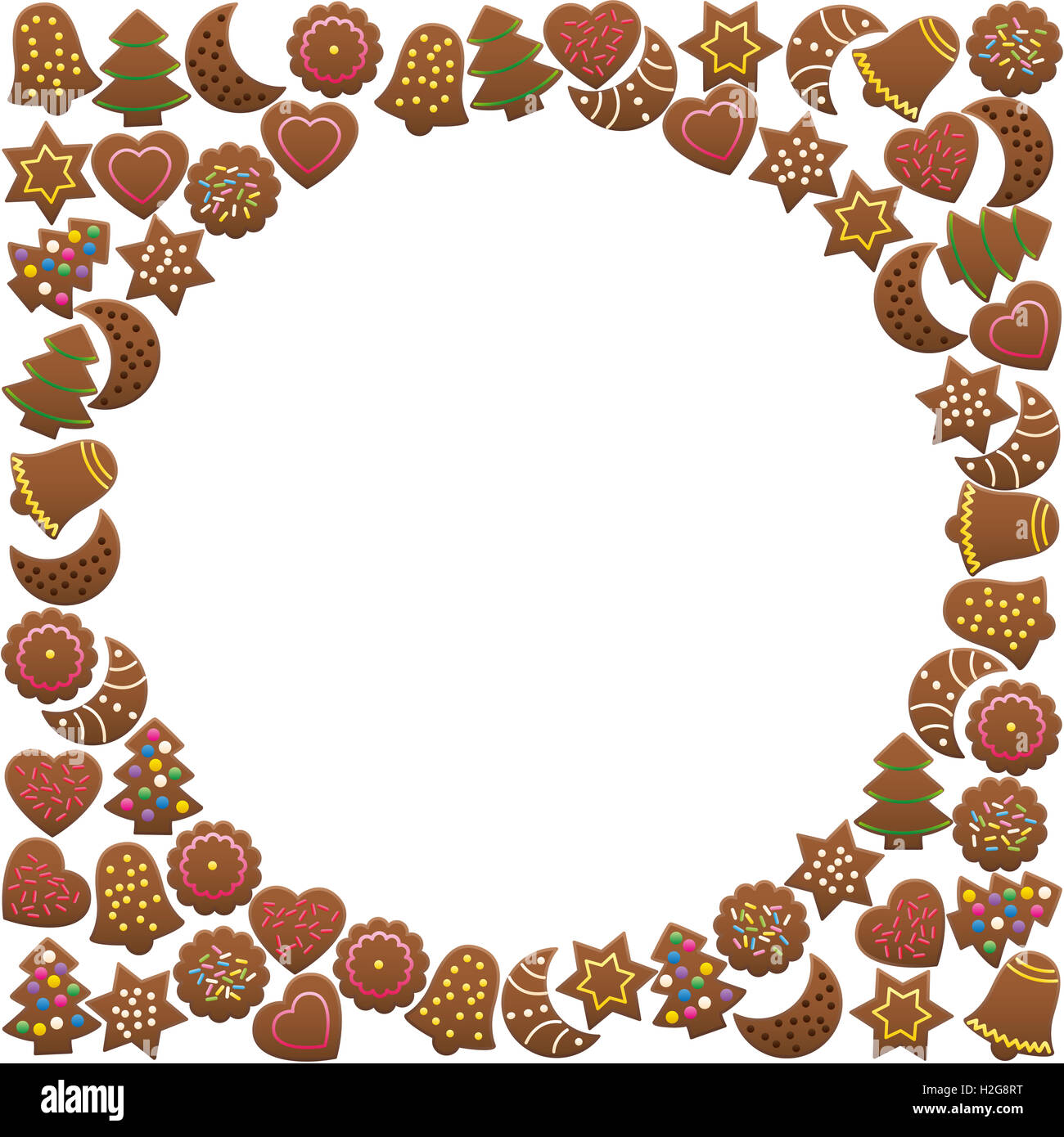 Gingerbread cookies formando una cornice rotonda. Immagine su sfondo bianco. Foto Stock