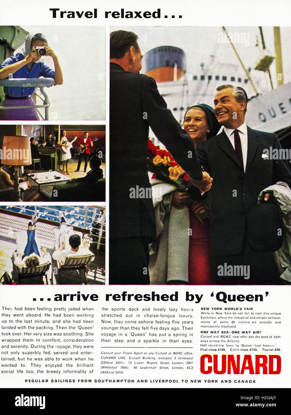 Originale vecchia vintage anni Sessanta magazine annuncio datato 1964. Pubblicità Pubblicità Cunard traversate transatlantiche Foto Stock