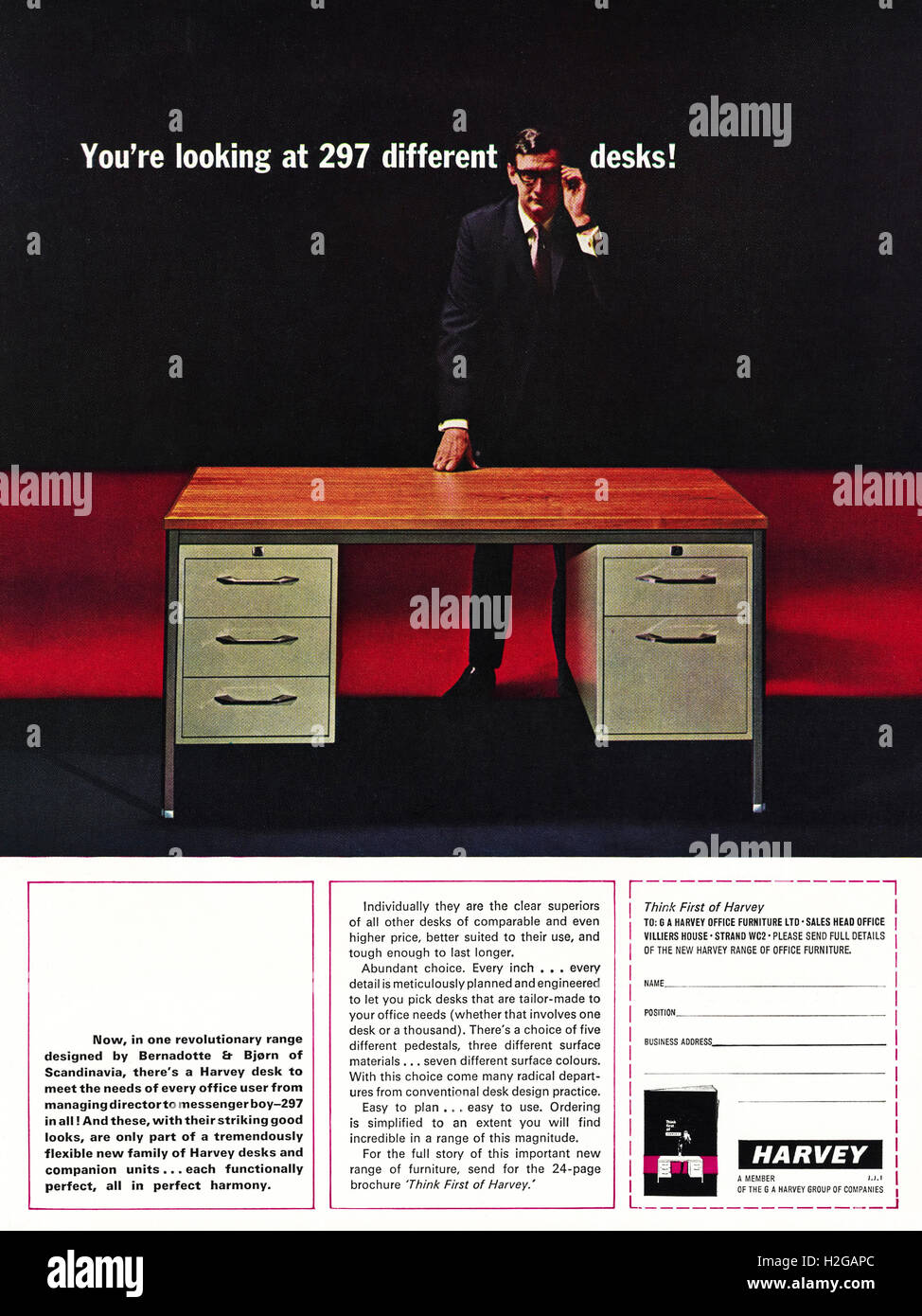 Originale vecchia vintage anni Sessanta magazine annuncio datato 1964. Pubblicità Pubblicità Harvey mobili per ufficio Foto Stock
