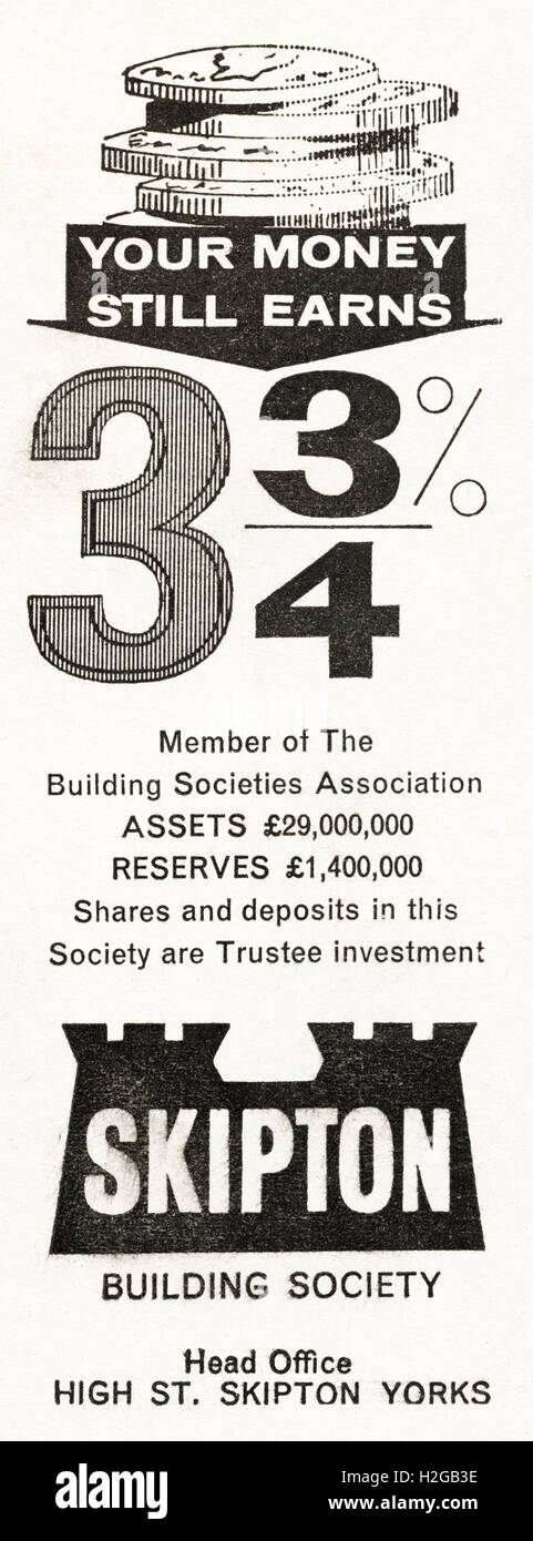 Originale vecchia vintage anni Sessanta magazine annuncio datato 1964. Pubblicità Pubblicità Skipton Building Society Foto Stock