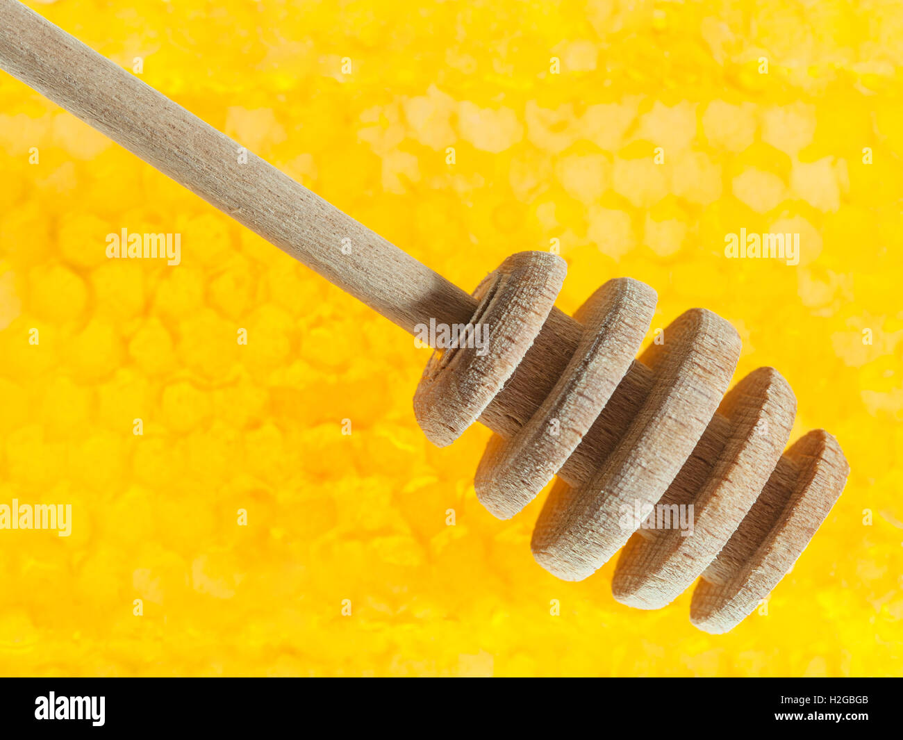 Legno secco miele bilanciere sulla superficie del favo di miele Foto Stock