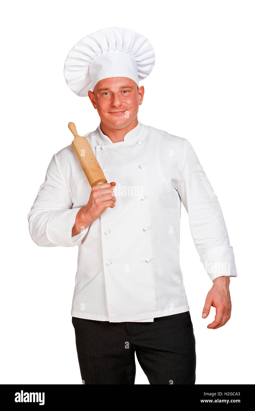 Chef in uniforme con il matterello isolato su bianco. Foto Stock