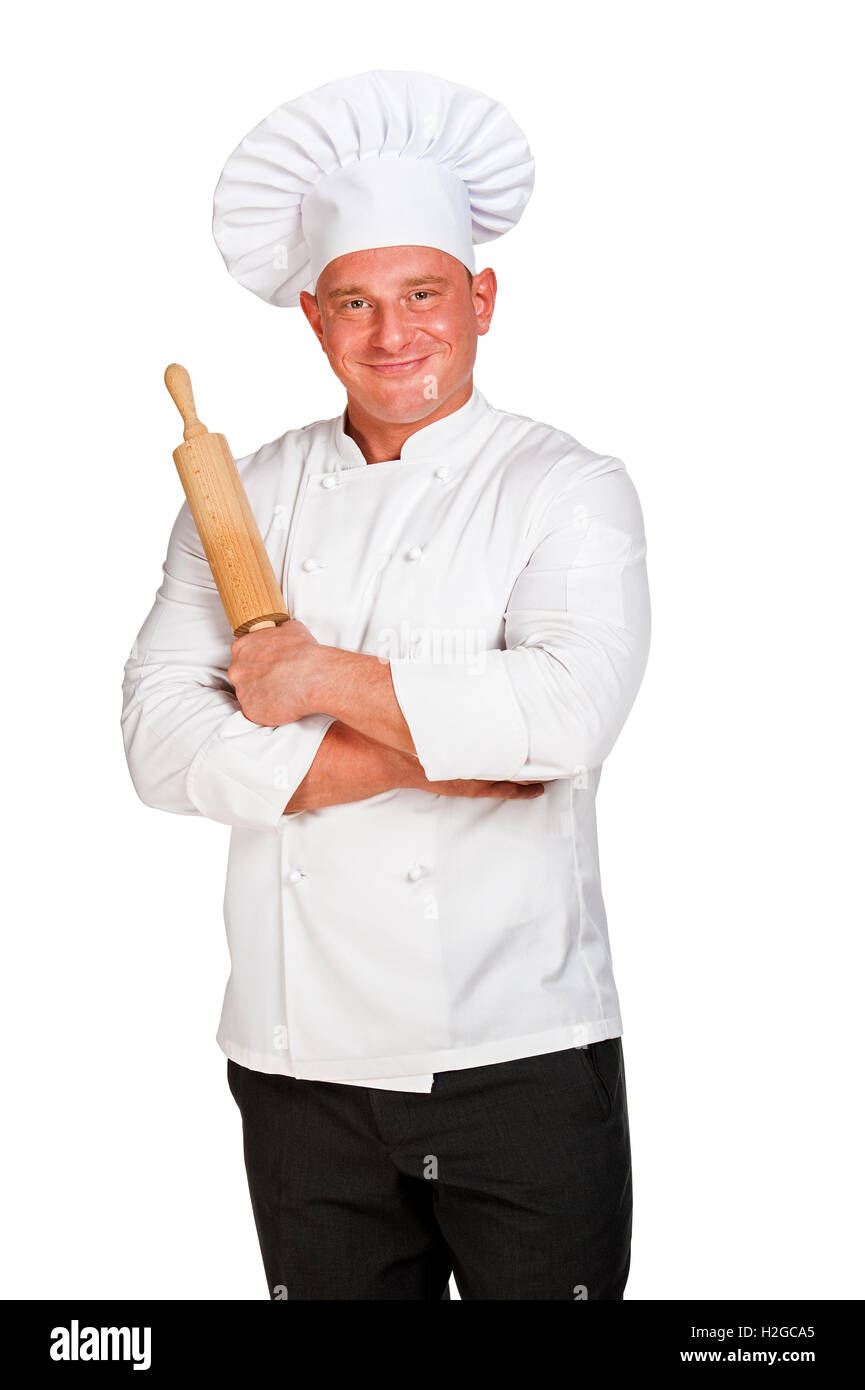 Chef in uniforme con il matterello isolato su bianco. Foto Stock