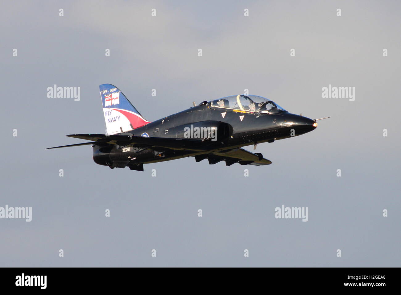 XX203, a BAe Hawk T1 azionato dalla Royal Navy, a Prestwick International Airport durante l'esercizio comune della Warrior14-2. Foto Stock
