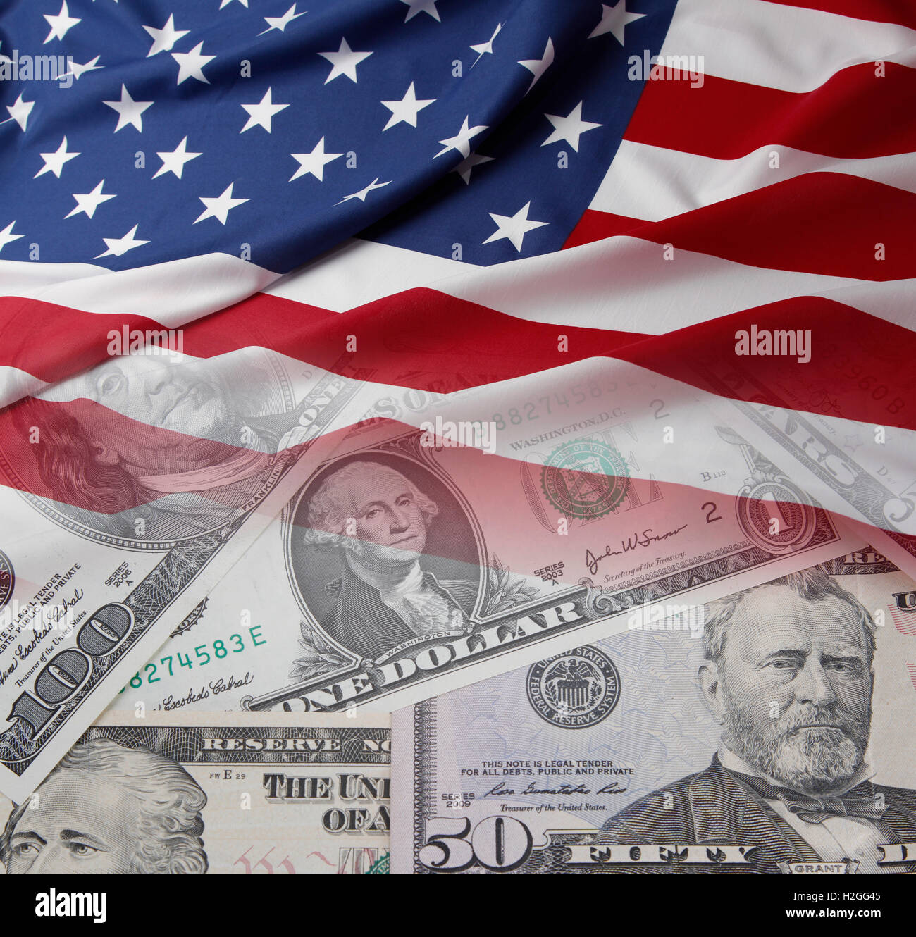 Bandiera americana sulle banconote assortiti Foto Stock