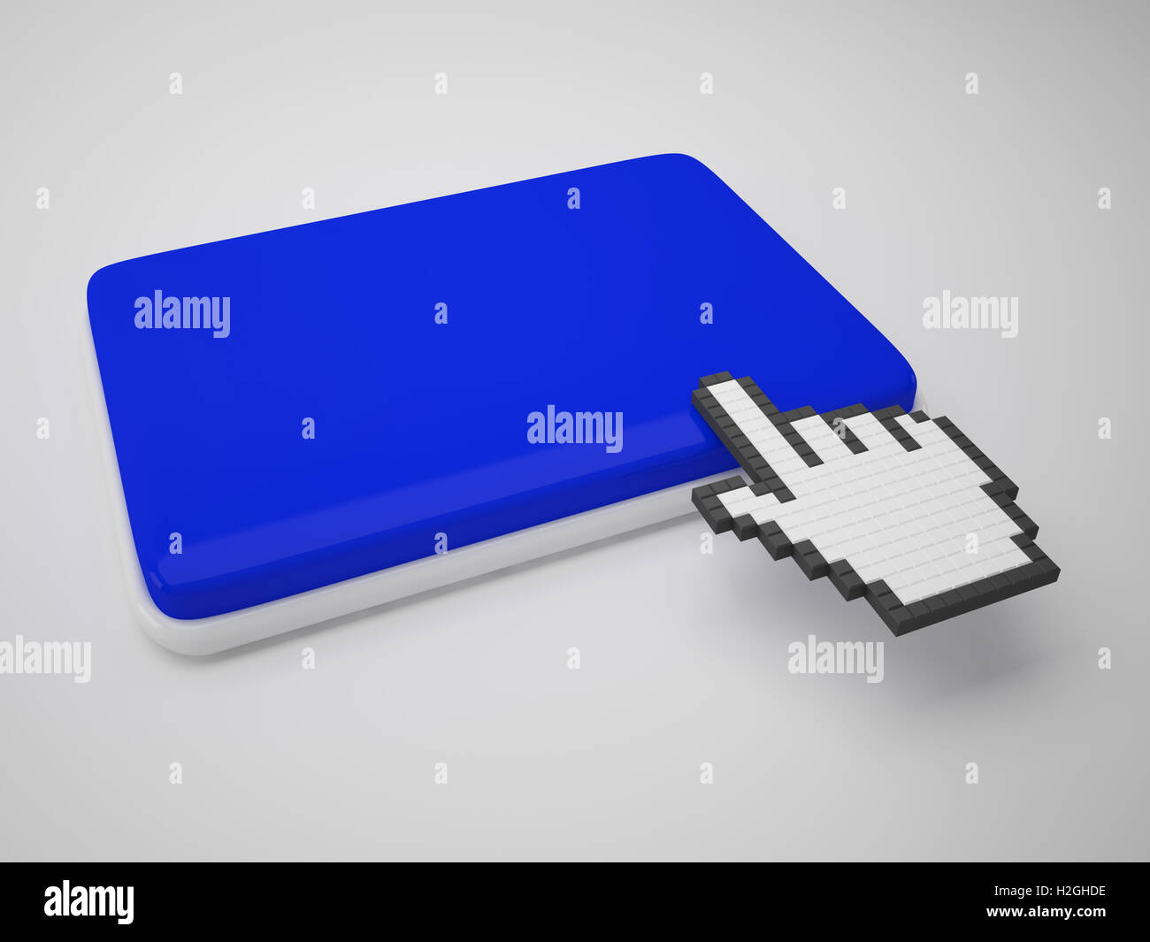 Cursore mano sul tasto Mostra sfondo bianco Copyspace clicca qui Foto Stock