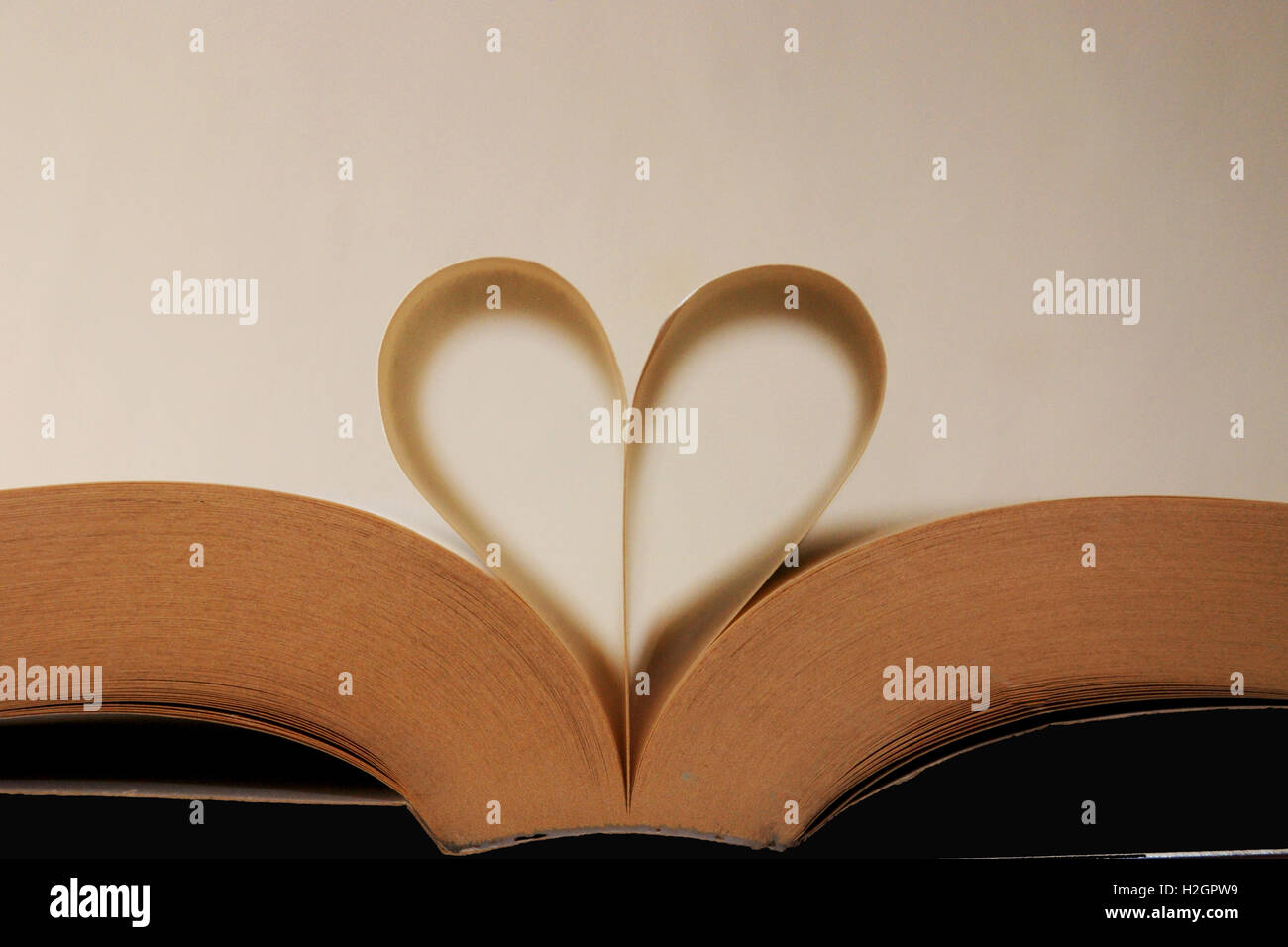 Pagine di un libro a forma di cuore. Mi piace leggere, lettura. Foto Stock