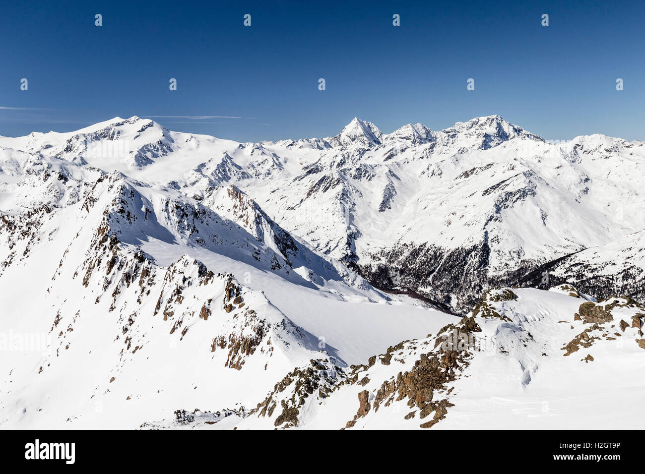 Vista dalla parte superiore posteriore Hintere Nonnenspitze in Val Martello, dietro il gruppo Ortles da destra l'Ortles, Monte Zebru Foto Stock