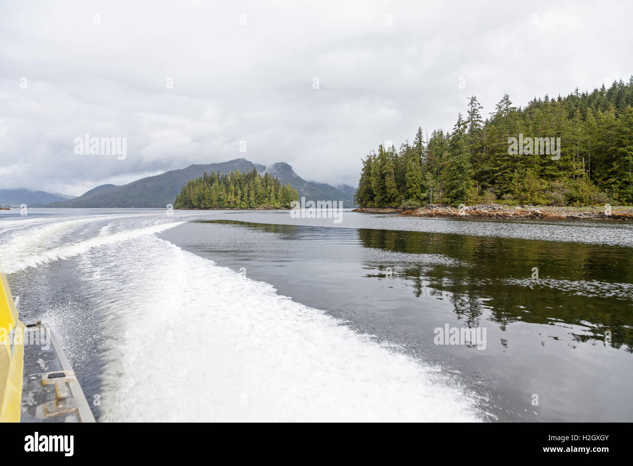 Vista sul mare da una barca di accelerazione Ucluelet penisola sulla costa occidentale dell'isola di Vancouver in British Columbia, Canada. Foto Stock