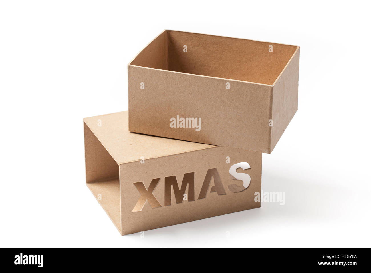 Regali Di Natale Per Due.Aprire La Scatola Di Cartone Per I Regali Di Natale In Due Parti Isolate Su Sfondo Bianco Foto Stock Alamy