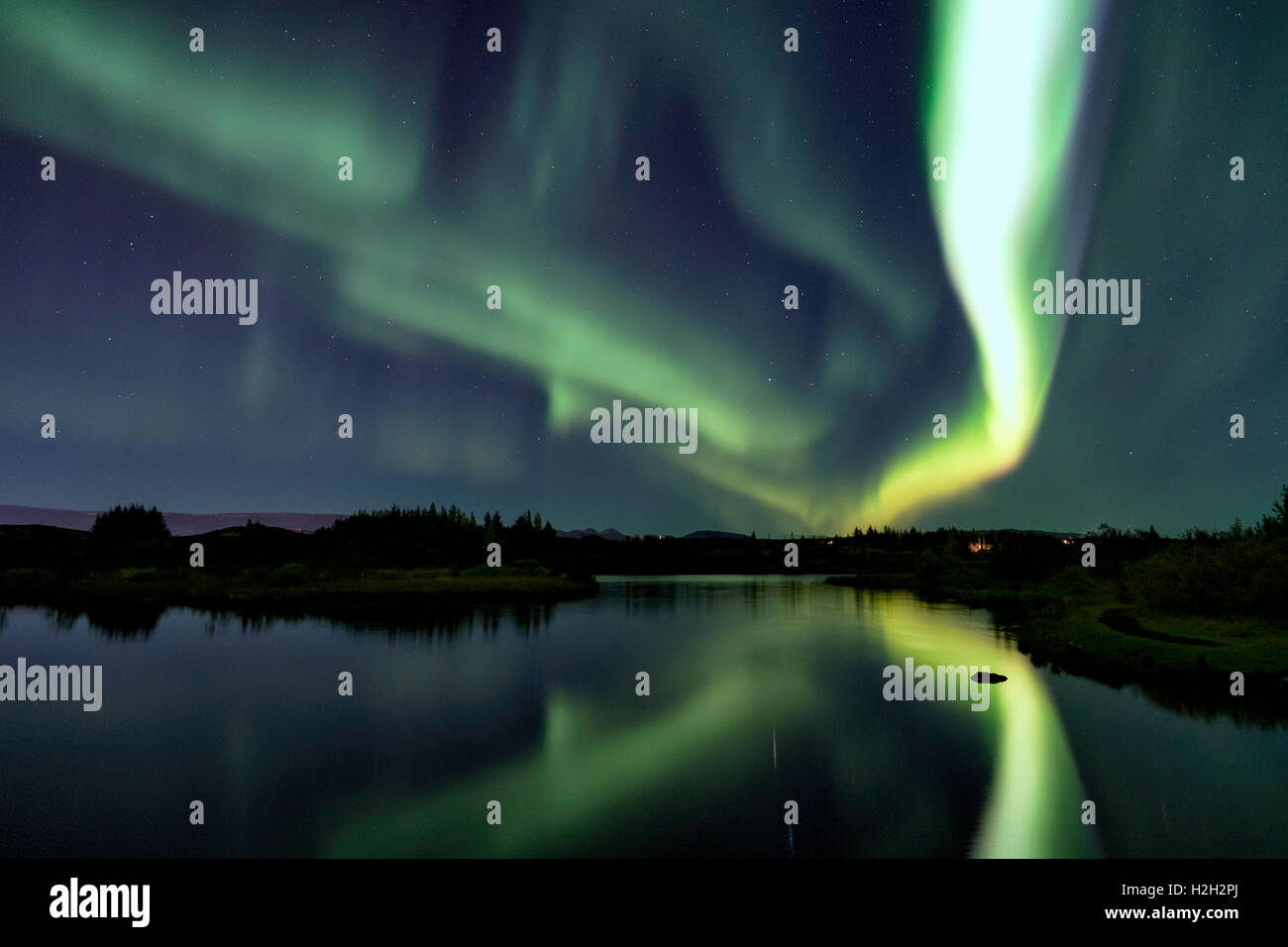 Auroras over Eillidavatn vicino a Reykjavik in Islanda. acqua calma che riflettono le luci del nord sfolgorante nel cielo. Foto Stock