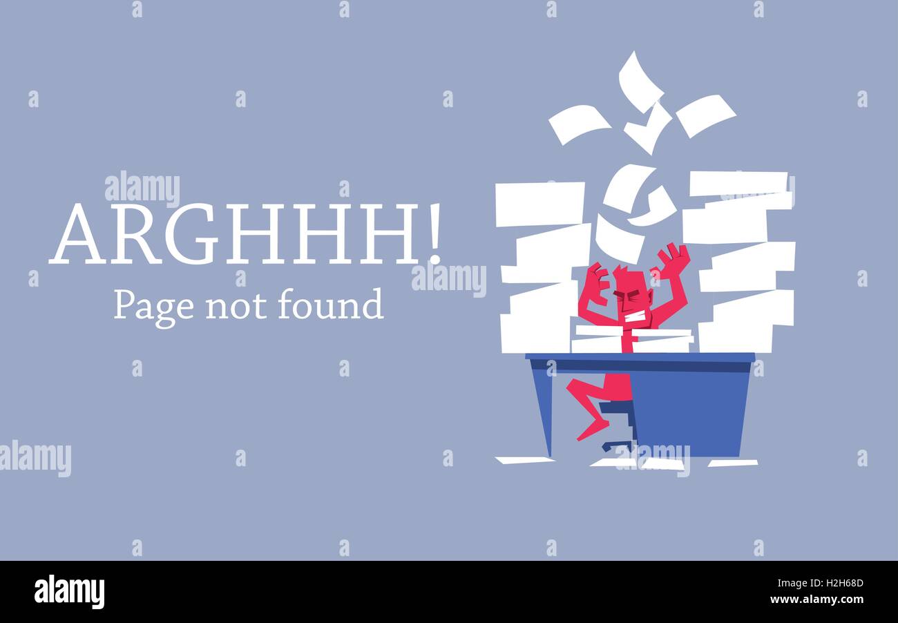 Errore di pagina 404. Infastiditi uomo seduto dietro il tavolo e urla. Pagina di errore del modello di progettazione. Illustrazione Vettoriale