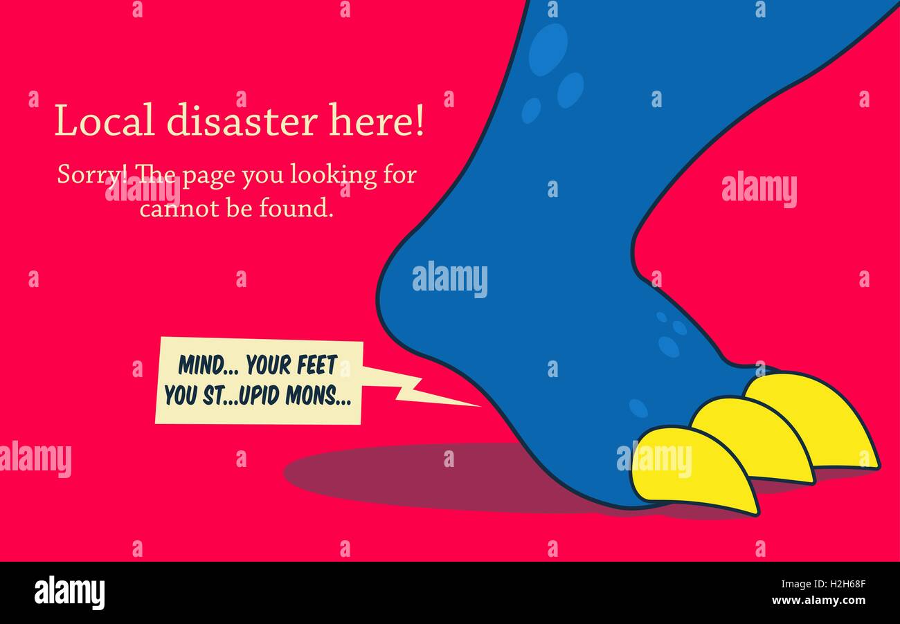 Errore di pagina 404. La gamba del grande mostro con scream palloncino del parlato. Pagina di errore del modello di progettazione. Illustrazione Vettoriale