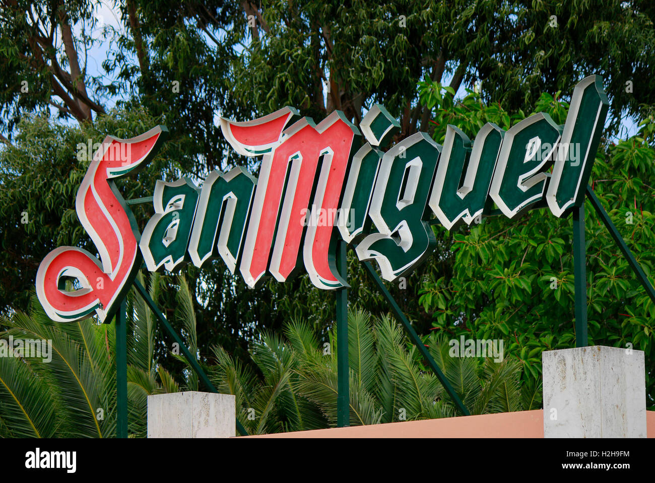 Das Logo der Marke 'San Miguel', Ibiza, Spanien. Foto Stock