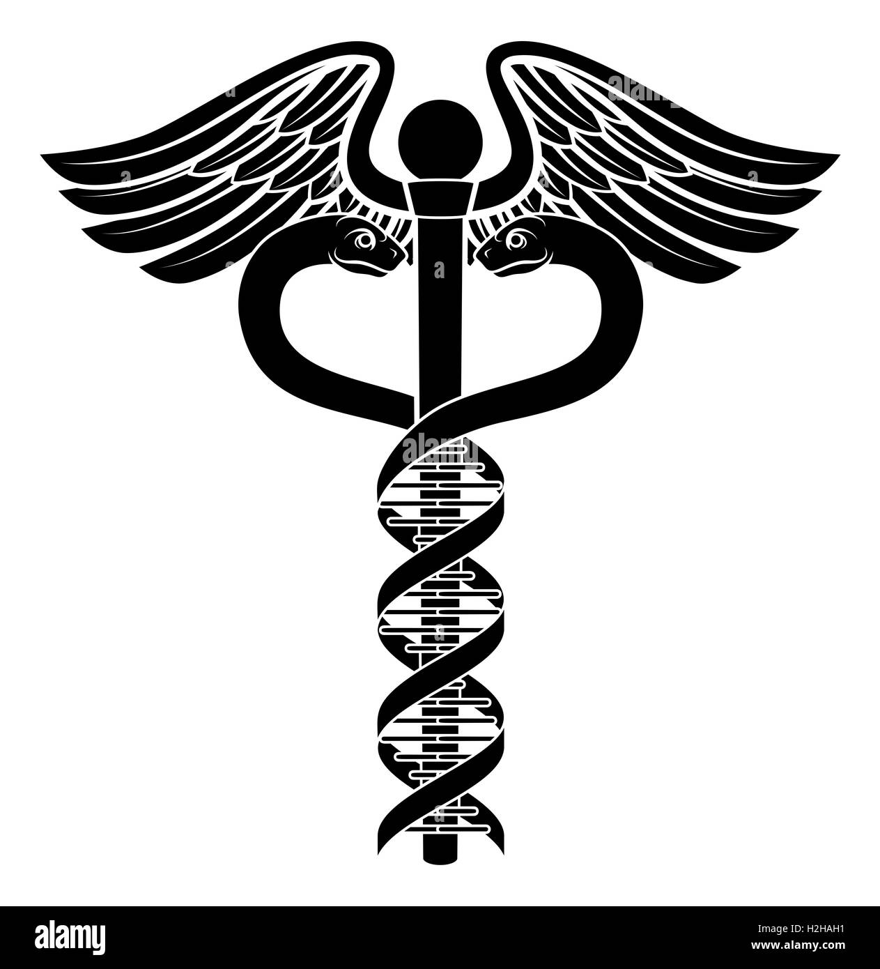 Caduceo simbolo medica con i due serpenti diventando un essere umano la doppia elica del DNA cromosoma genetico strand Foto Stock