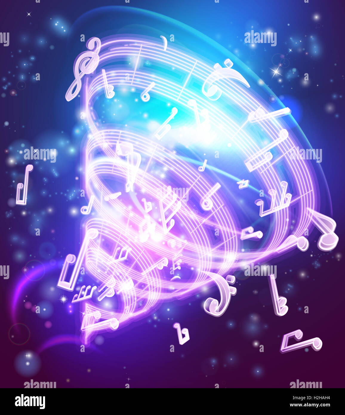 Un abstract magic music note musicali sfondo con note musicali e simboli Foto Stock