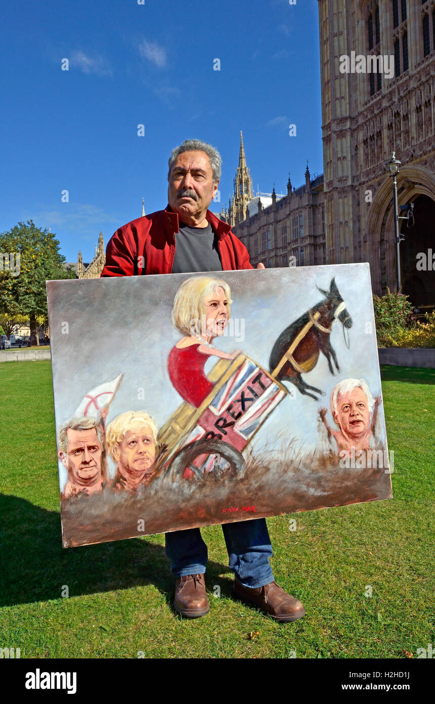 Kaya Mar - Fumettista politico - con uno dei suoi dipinti in Westminster - Brexit: Theresa Maggio, Liam Fox, Boris Johnson,.... Foto Stock