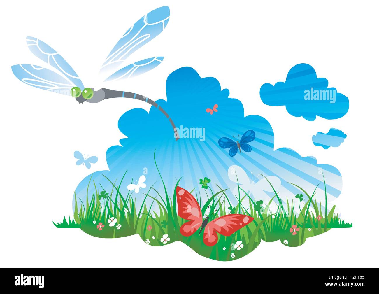 Prato estivo con una libellula Illustrazione Vettoriale