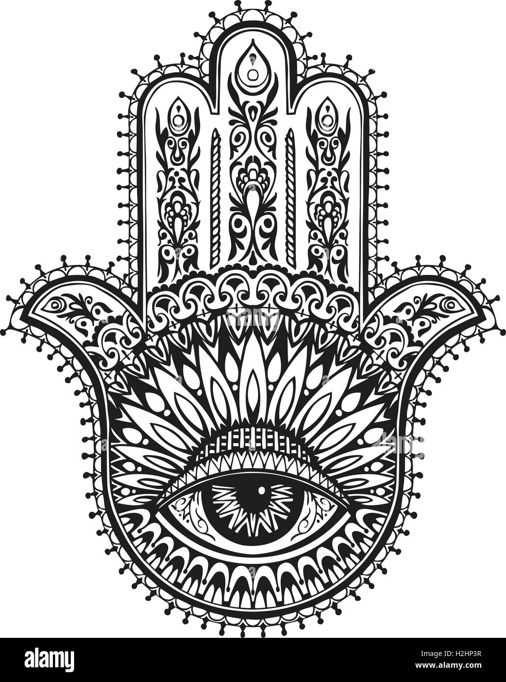 Disegnato a mano la hamsa indiano con ornamenti etnici. Illustrazione Vettoriale Illustrazione Vettoriale