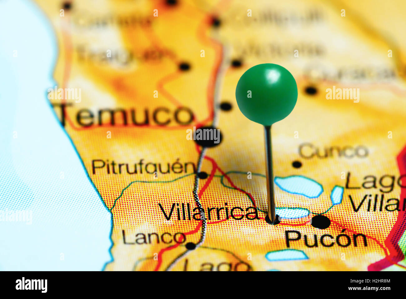 Villarrica imperniata su una mappa del Cile Foto Stock