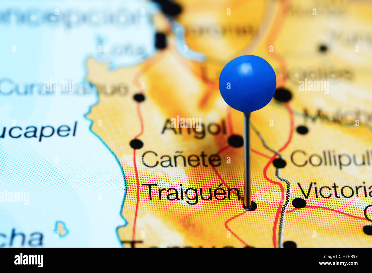 Traiguen imperniata su una mappa del Cile Foto Stock