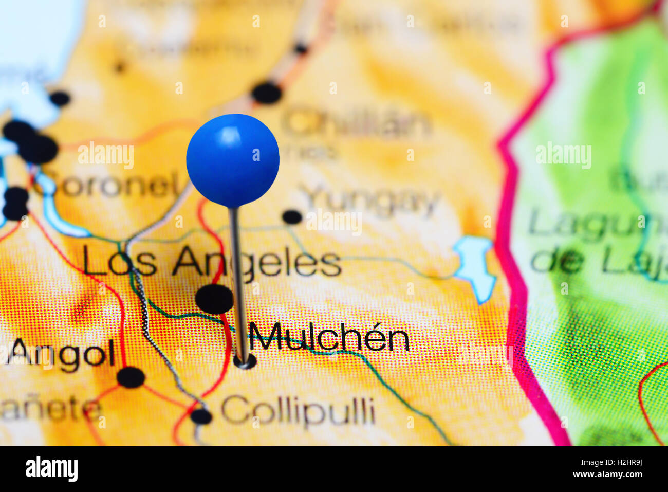 Mulchen imperniata su una mappa del Cile Foto Stock