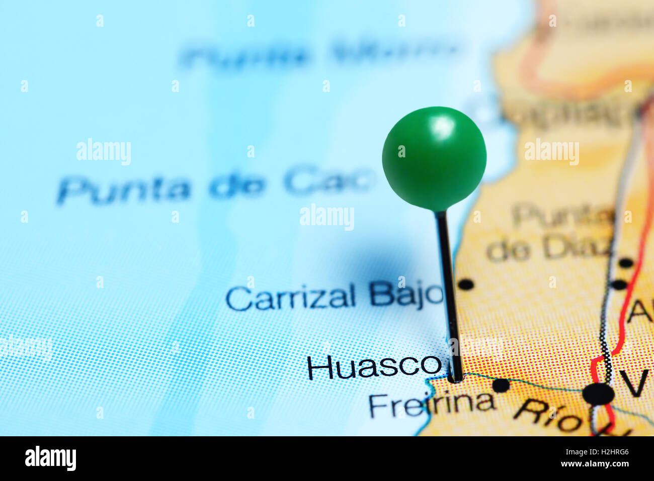 Huasco imperniata su una mappa del Cile Foto Stock