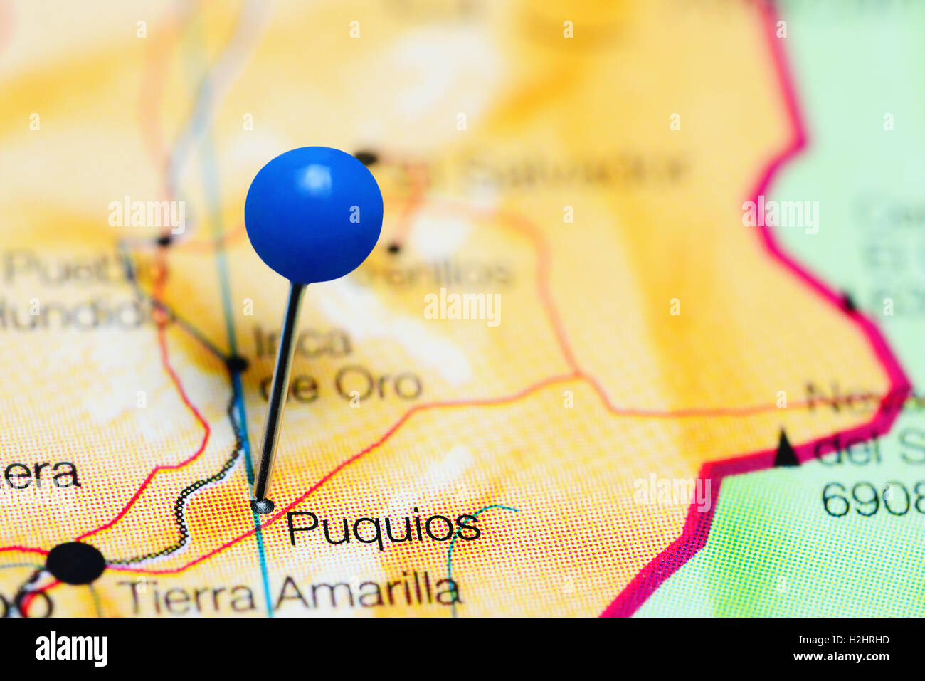 Puquios imperniata su una mappa del Cile Foto Stock