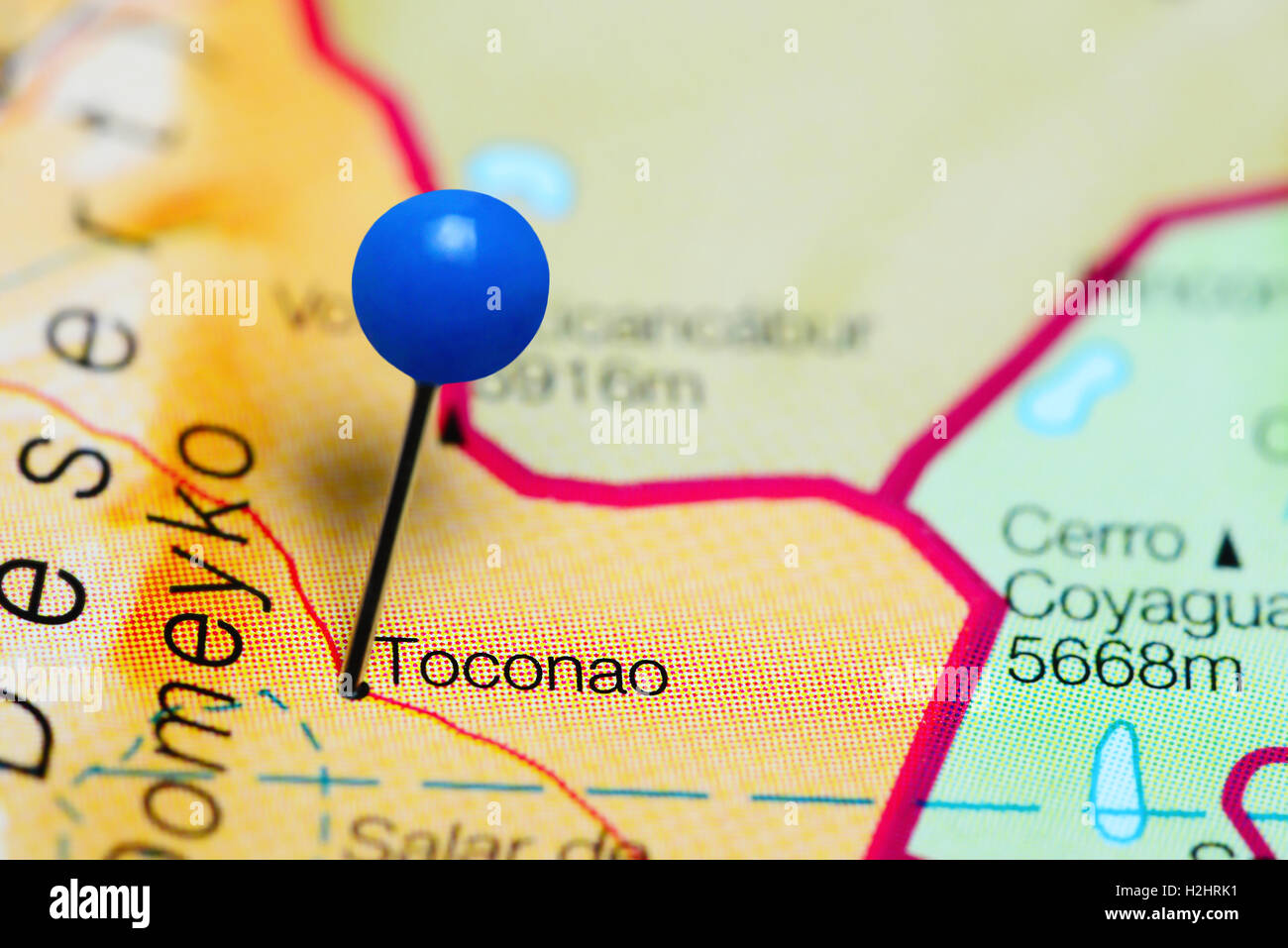 Toconao imperniata su una mappa del Cile Foto Stock