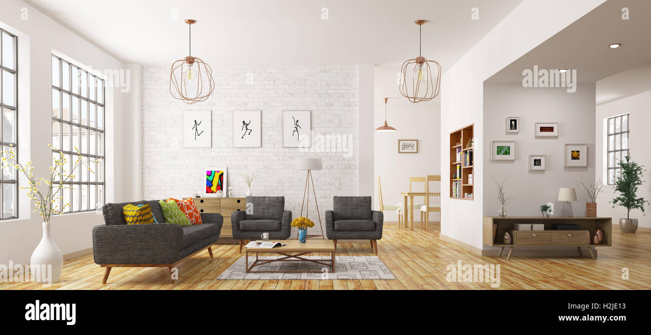 Gli interni moderni del salotto stile scandinavo rendering 3D Foto Stock