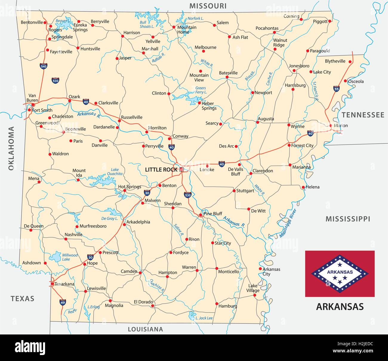 Arkansas road map con bandiera Illustrazione Vettoriale