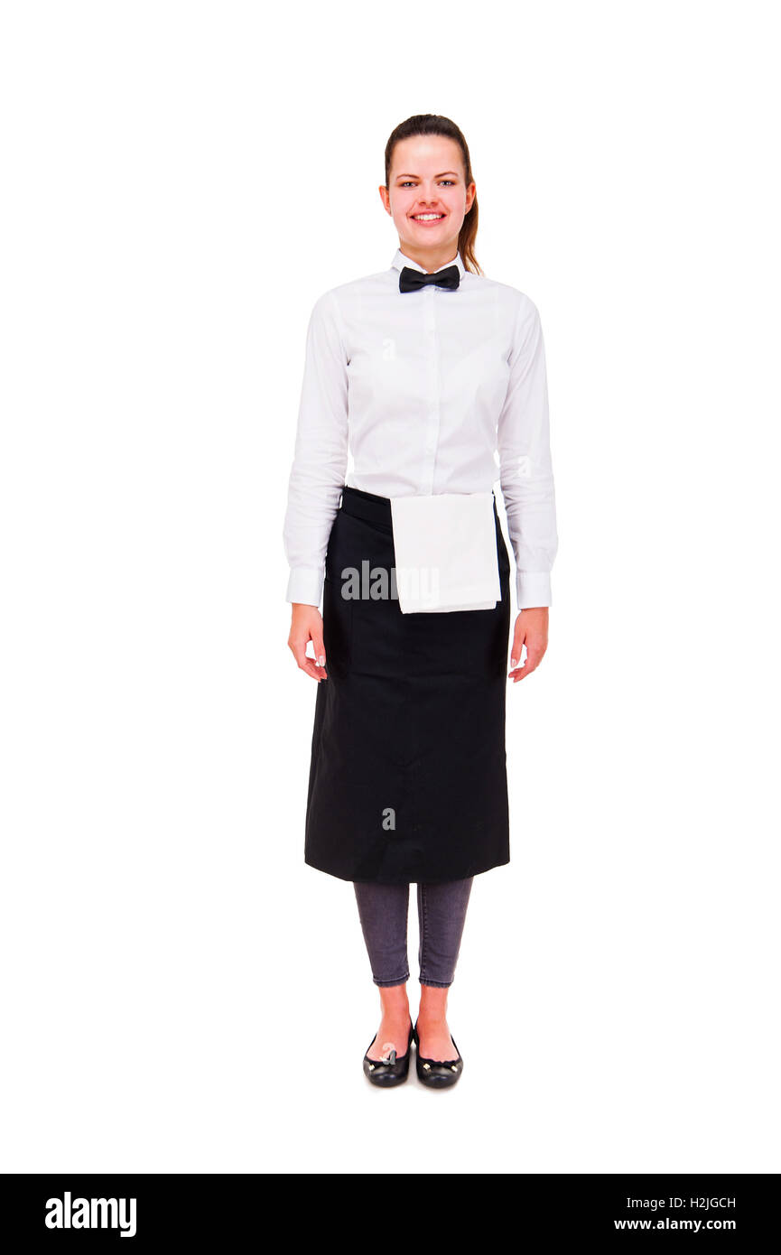 Giovane donna in uniforme cameriere isolate su sfondo bianco. Foto Stock
