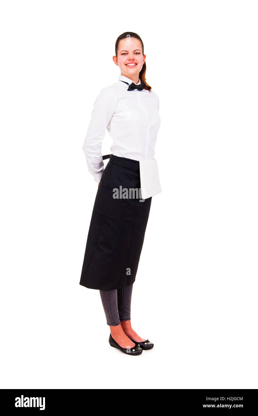 Giovane donna in uniforme cameriere isolate su sfondo bianco. Foto Stock
