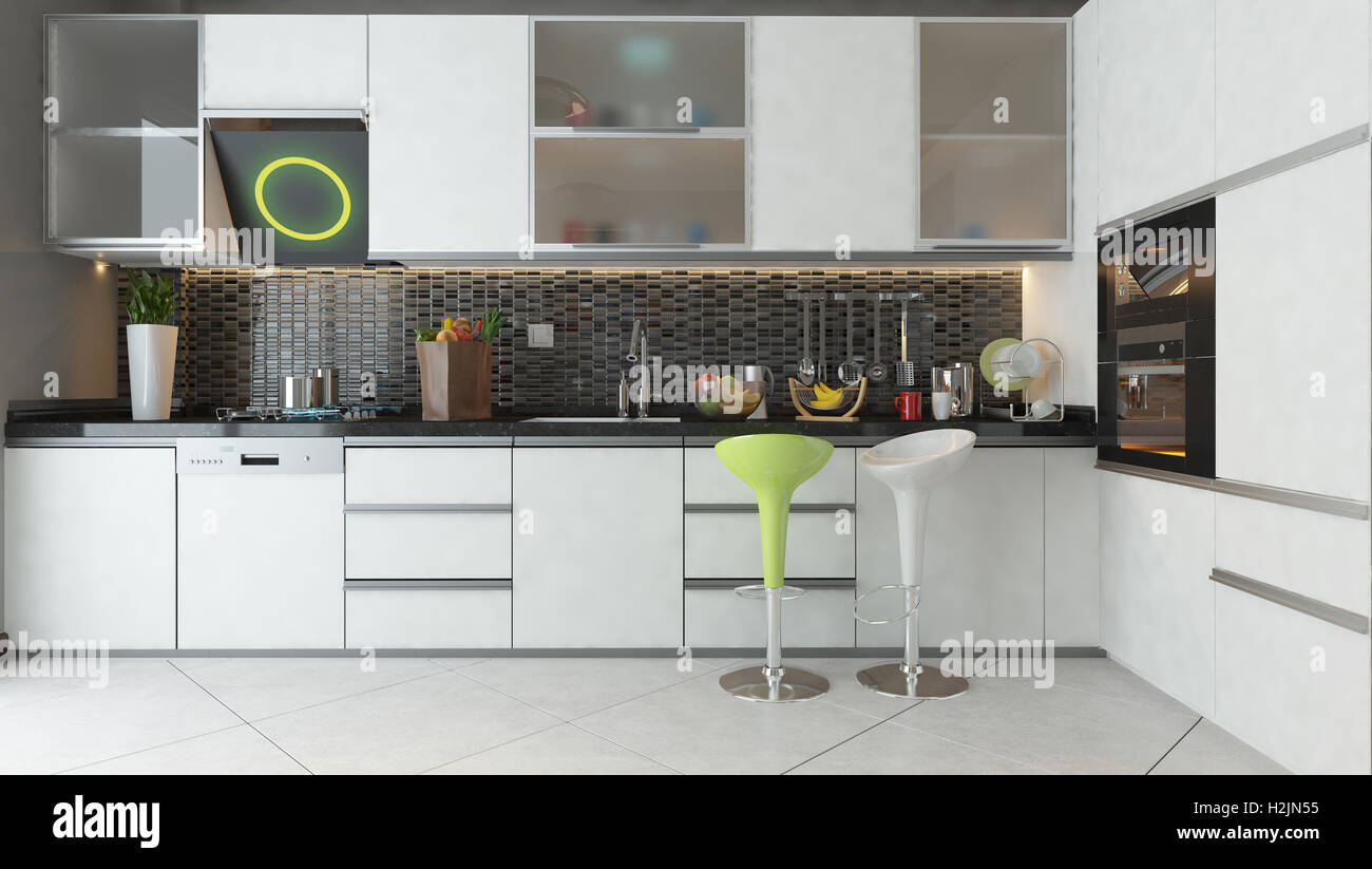 Bianco di ceramica di colore bianco mobili in legno sotto luce ... Progettare cucina in 3d