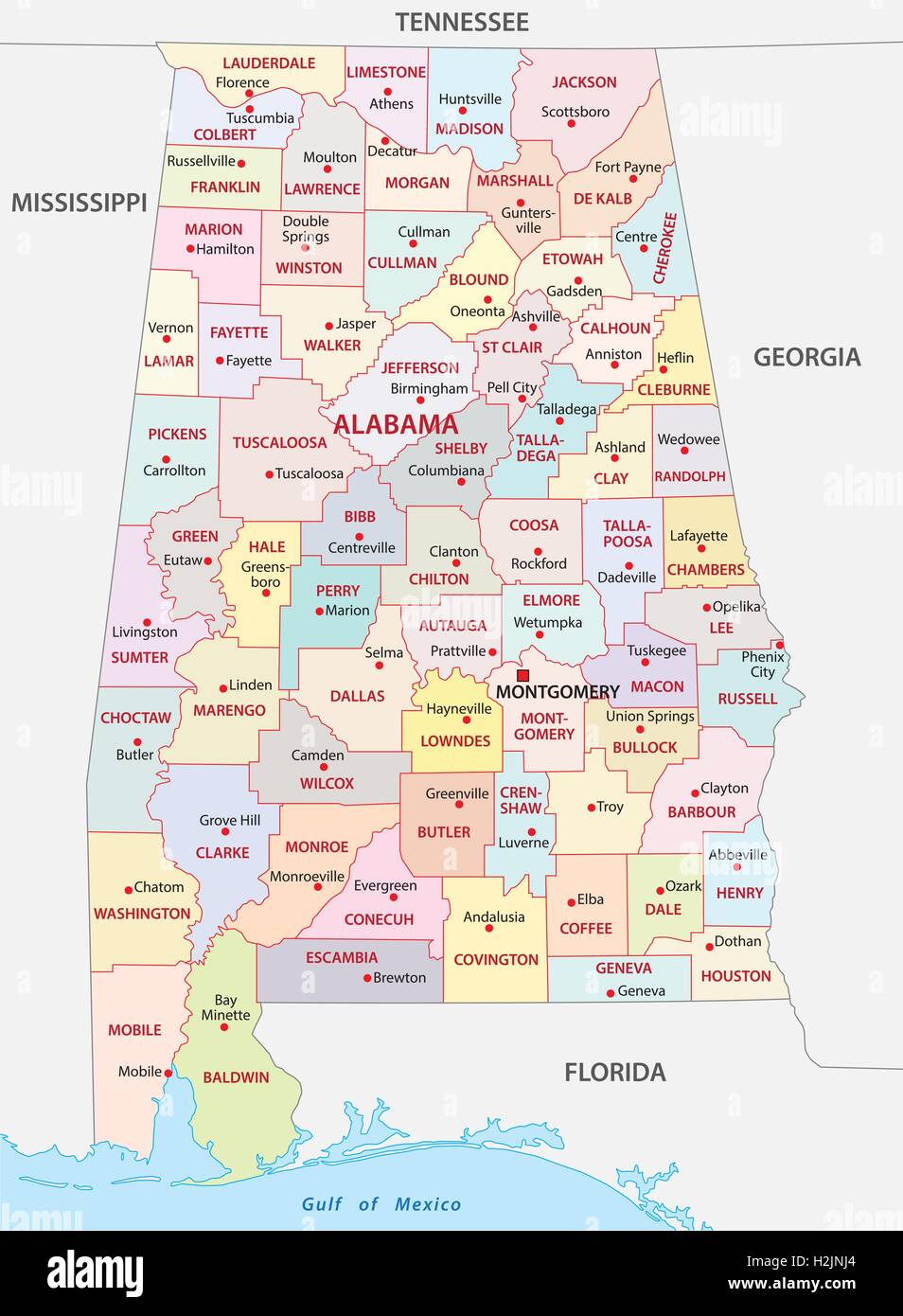 Alabama mappa amministrativa Illustrazione Vettoriale