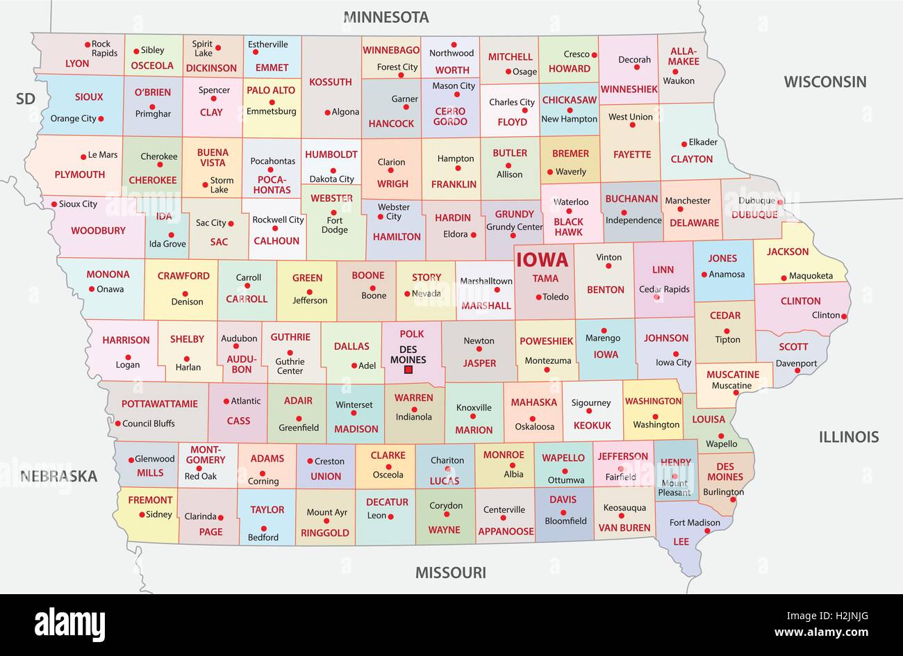 Iowa mappa amministrativa Illustrazione Vettoriale
