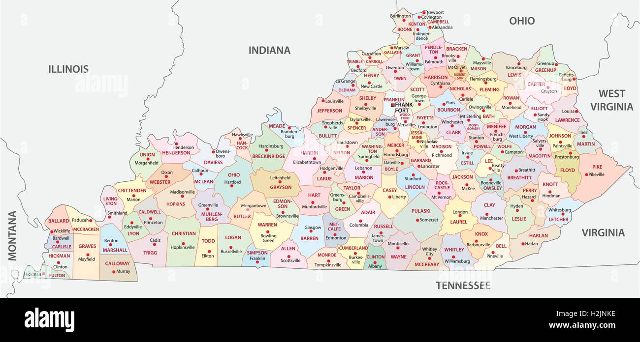 Kentucky mappa amministrativa Illustrazione Vettoriale