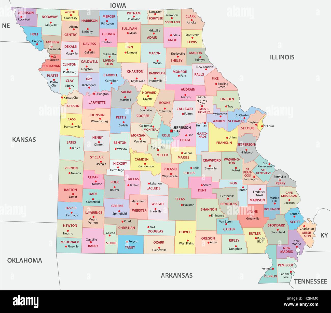 Missouri mappa amministrativa Illustrazione Vettoriale