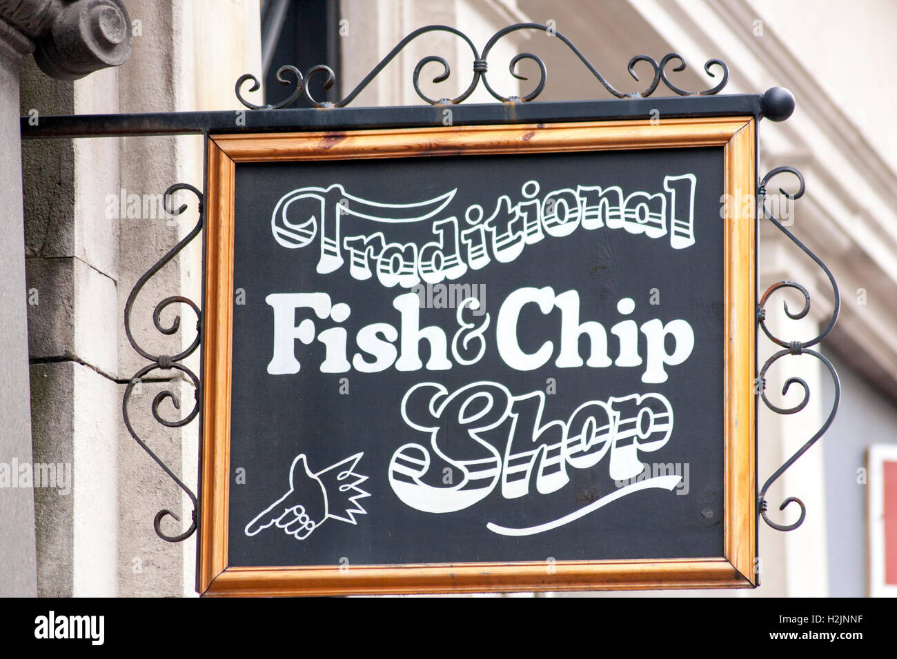 Il tradizionale pesce e segno di Chip Manchester Foto Stock