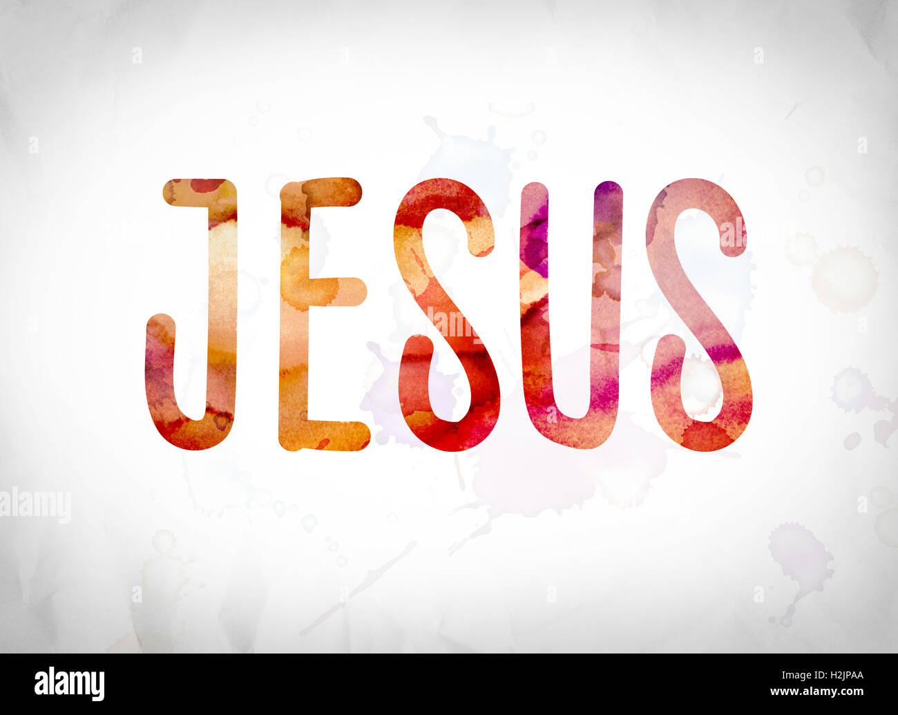 La parola Gesù scritto in acquerello lambisce un libro bianco il concetto di sfondo e tema. Foto Stock