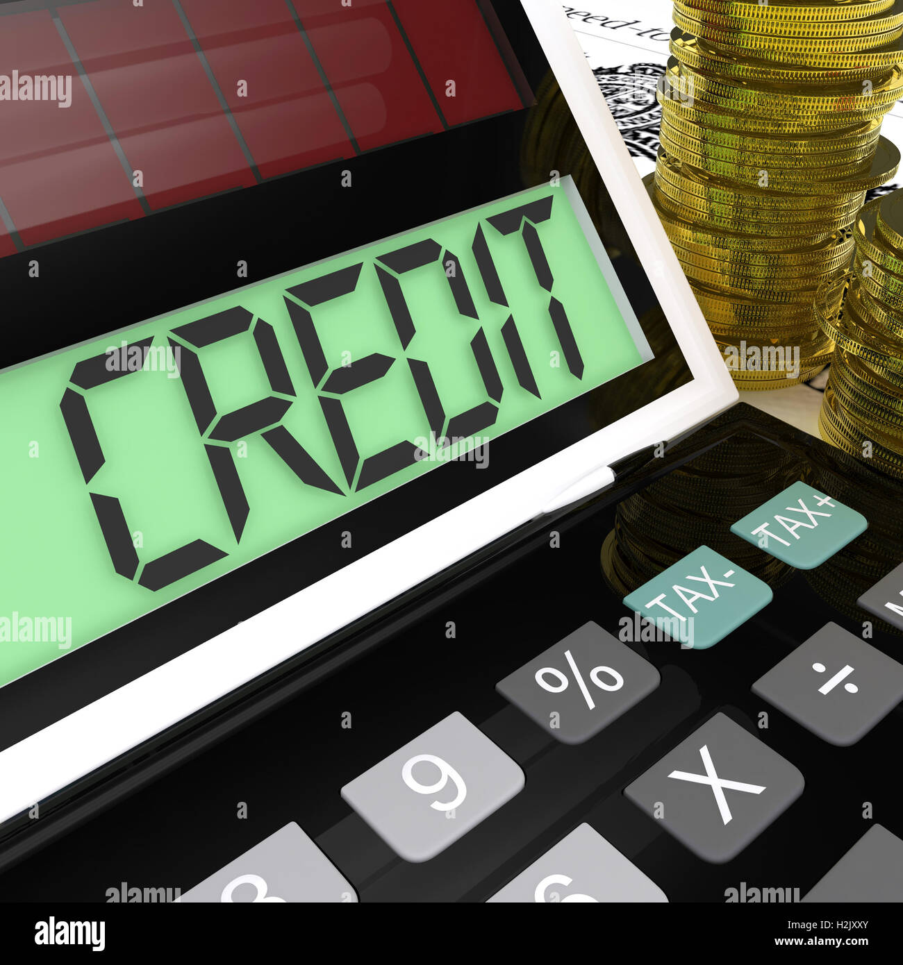 Calcolatrice di credito mostra prestiti di finanziamento o di prestito Foto Stock