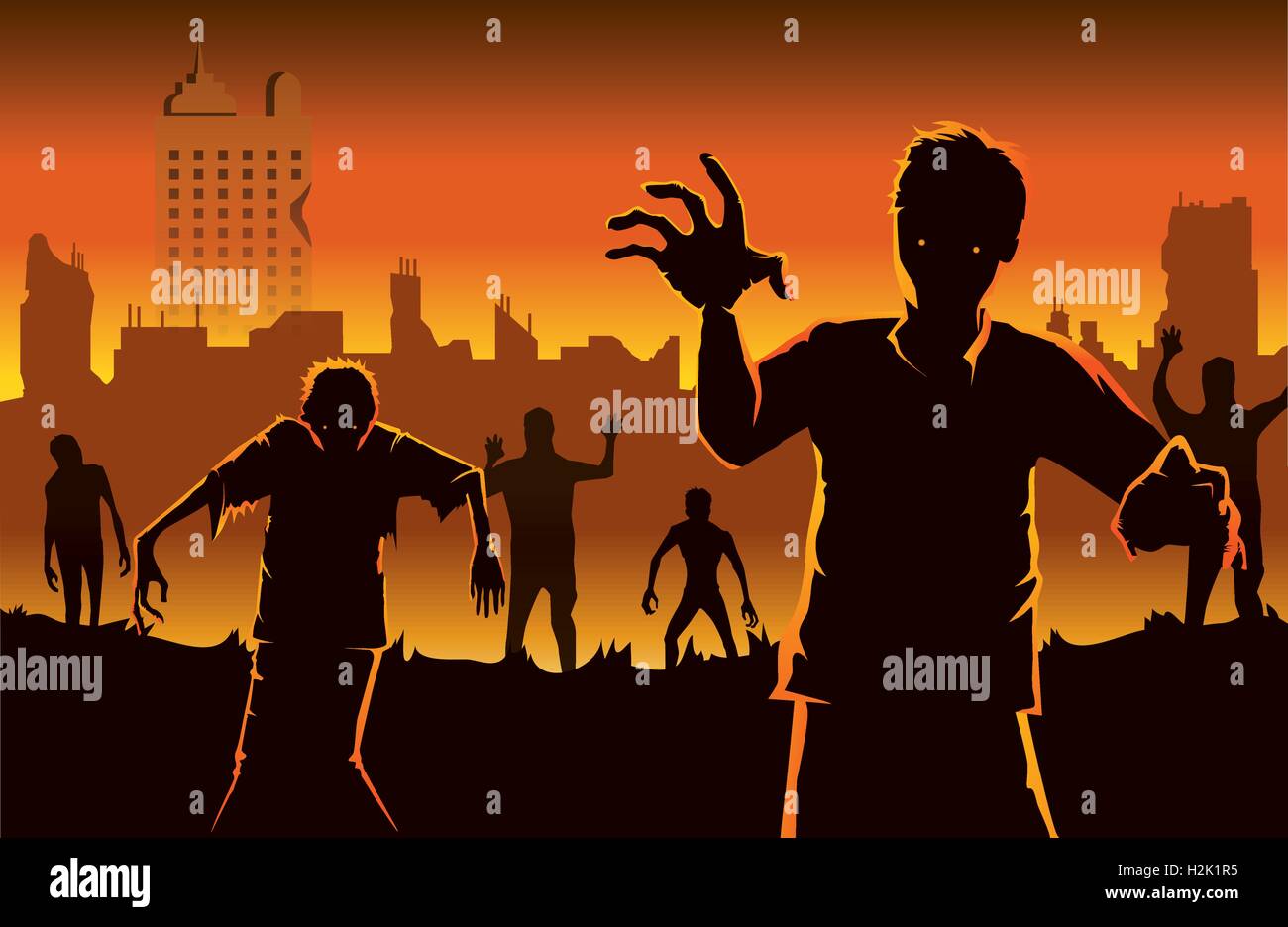 Zombie a piedi fuori dalla città abbandonate. Illustrazione Vettoriale