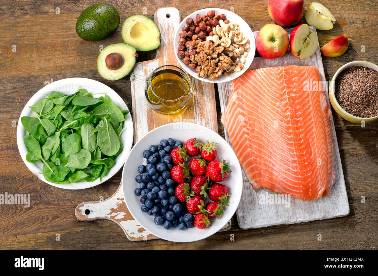 Alimenti per il cuore sano. Vista superiore Foto Stock