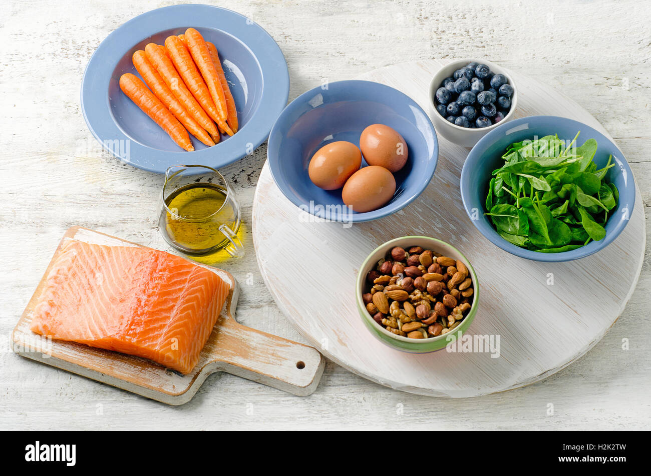 Cibi migliori per occhi sani. Vista superiore Foto Stock