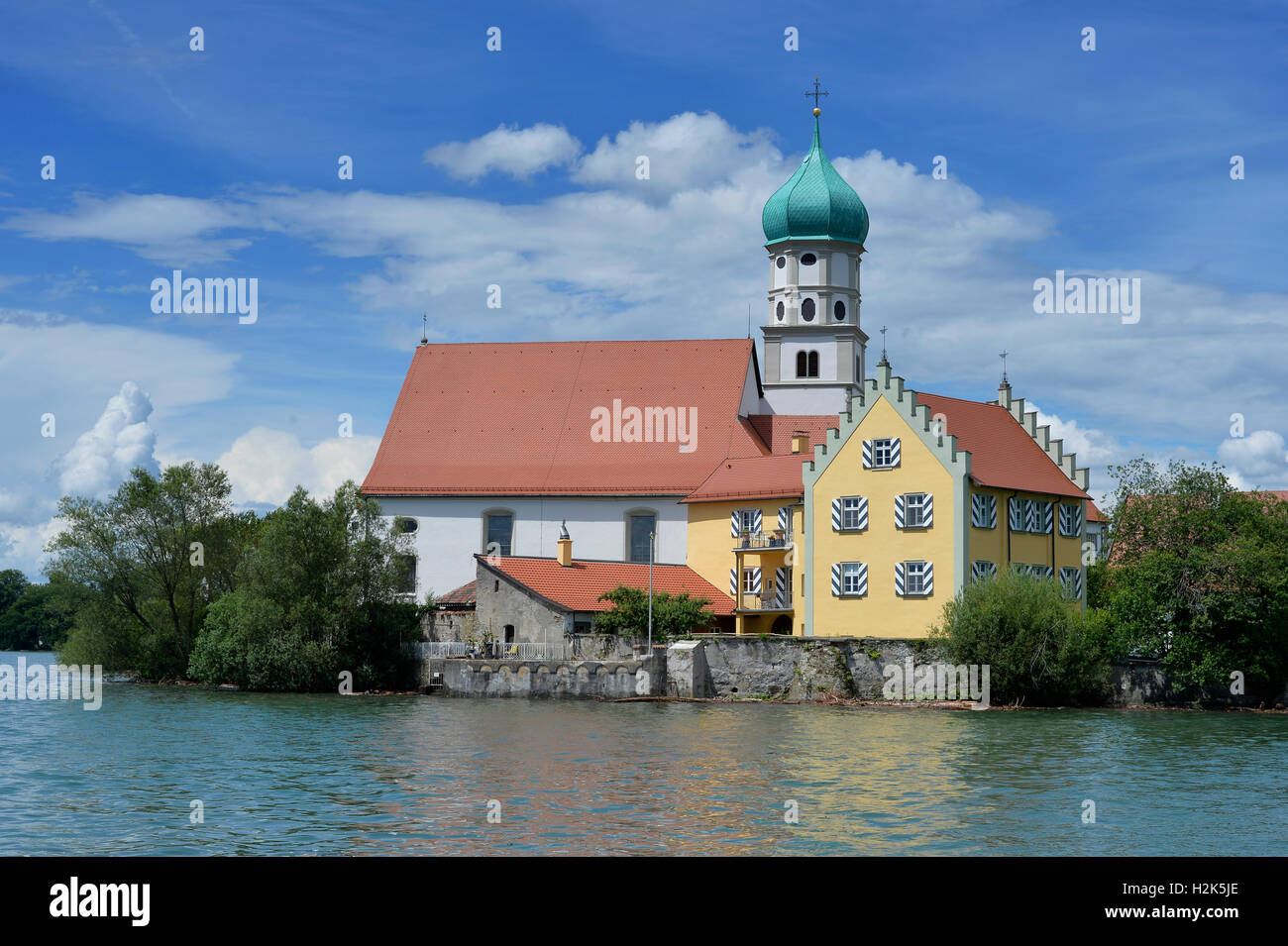 Castello, Chiesa di San Giorgio sulla penisola, Wasserburg am Bodensee, Lago di Costanza, Algovia, Svevia, Baviera, Germania Foto Stock