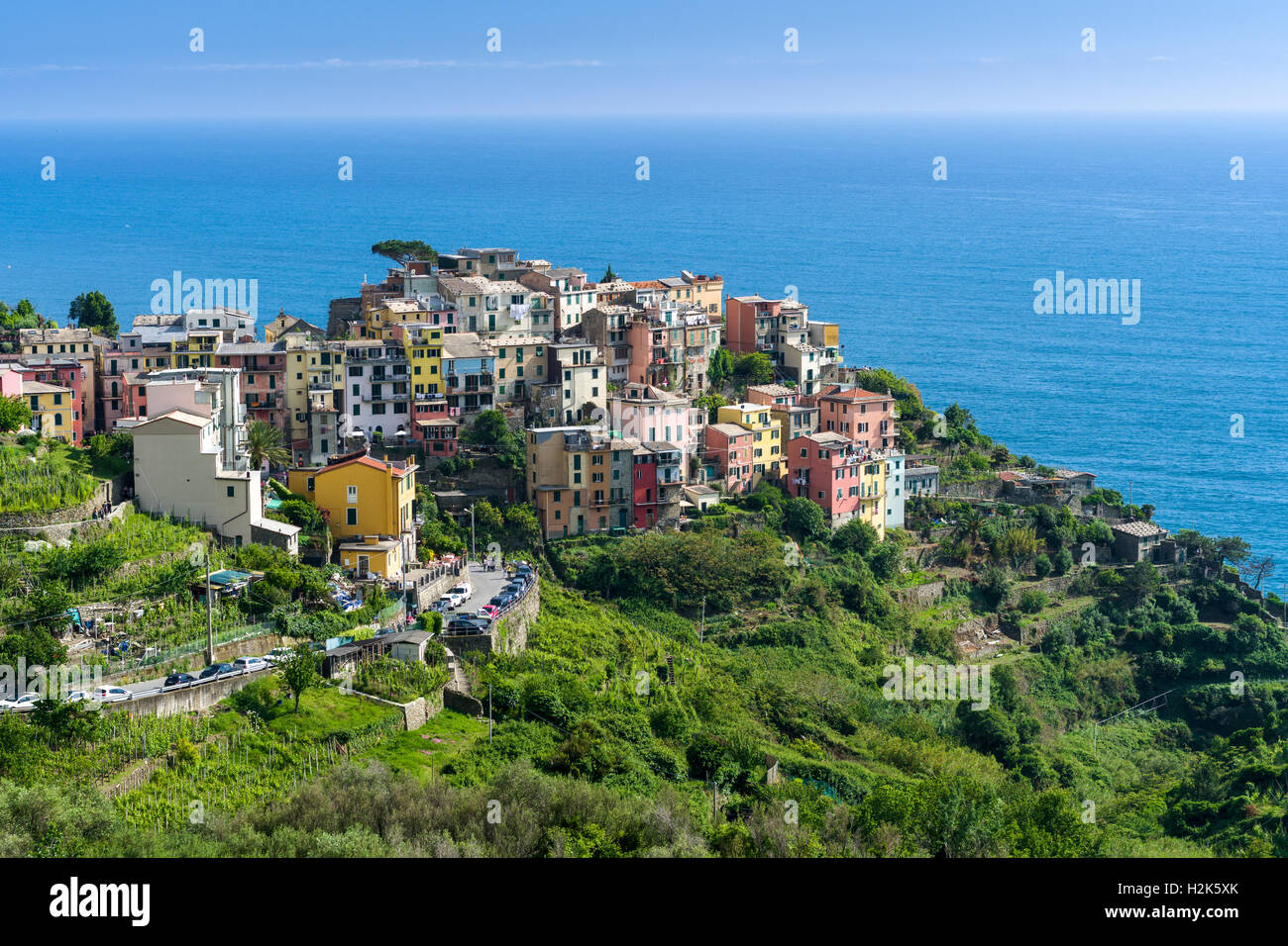 Case colorate di Manarola città stipati su una collina sulla costa del Mare Mediterraneo, Riomaggiore, Liguria, Italia Foto Stock