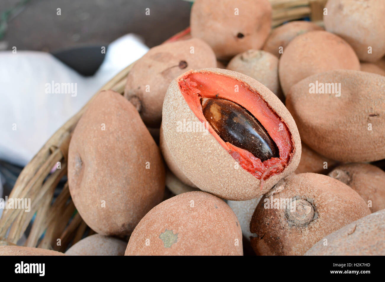 Close up della deliziosa frutta sapote nel mercato di Totonicapan, Guatemala Foto Stock