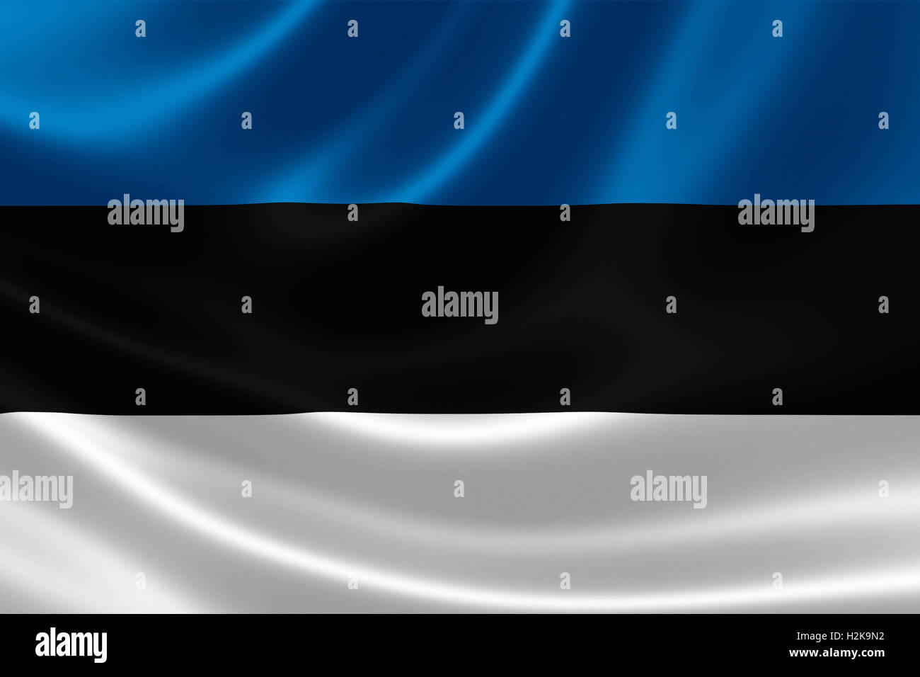 3D rendering della bandiera dell'Estonia su raso texture. Foto Stock